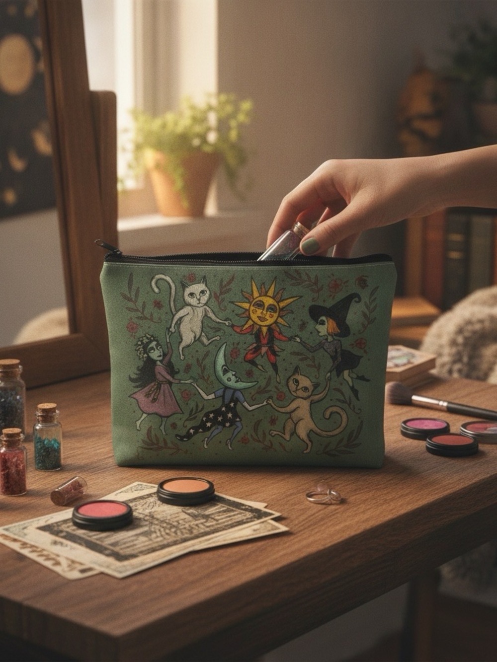 New Enchanted Forest Makeup Bag Witch Cat Moon Dark Green Cosmetic Pouch